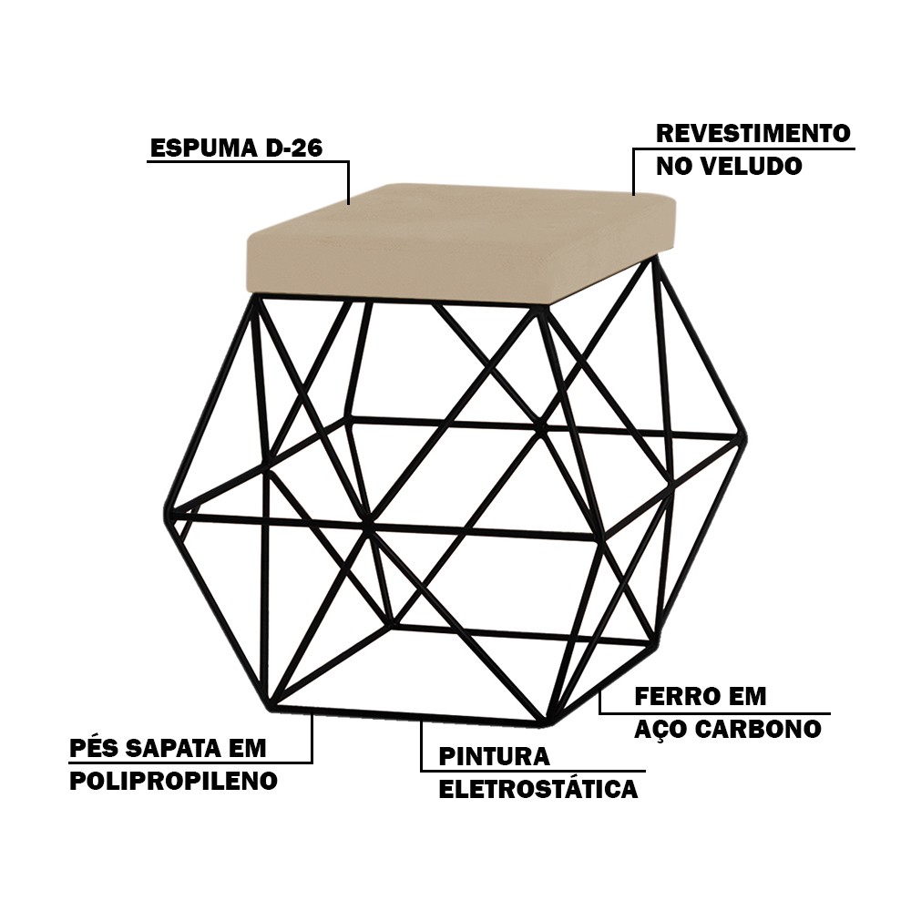 Puff Decorativo Sala de Estar Base Preto Trixie Veludo Bege G41 - Gran Belo