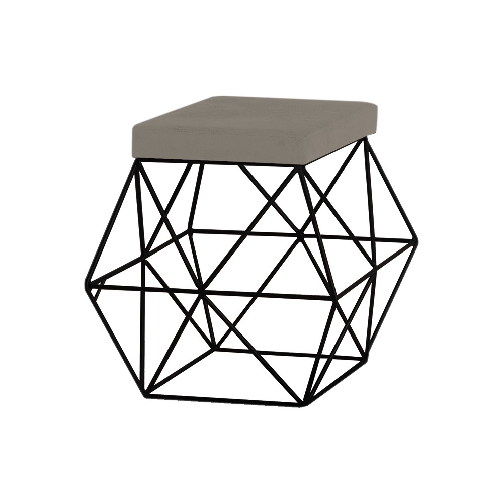 Puff Decorativo Sala de Estar Base Preto Trixie Veludo Cinza G41 - Gran Belo
