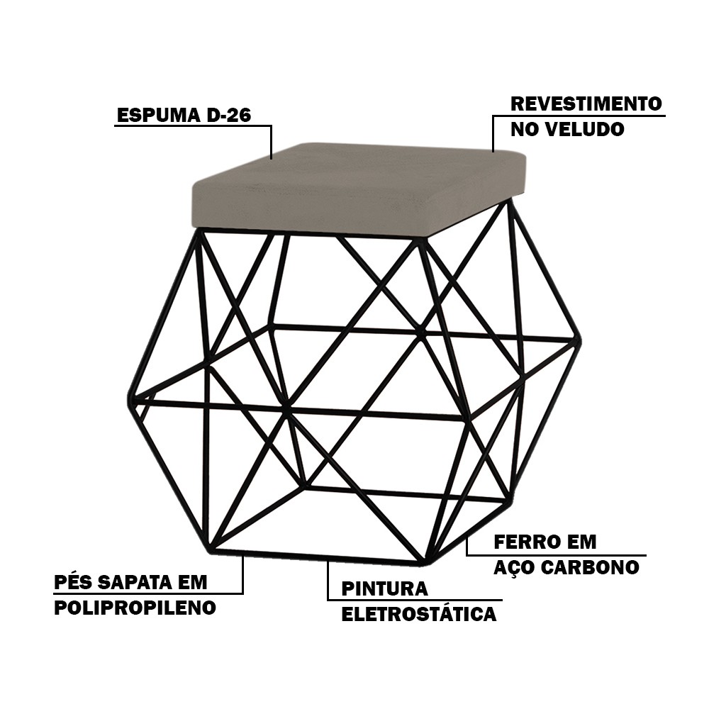 Puff Decorativo Sala de Estar Base Preto Trixie Veludo Cinza G41 - Gran Belo