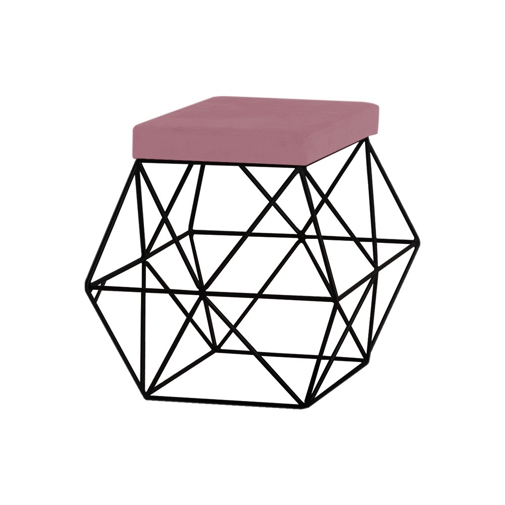 Puff Decorativo Sala de Estar Base Preto Trixie Veludo Rosê G41 - Gran Belo