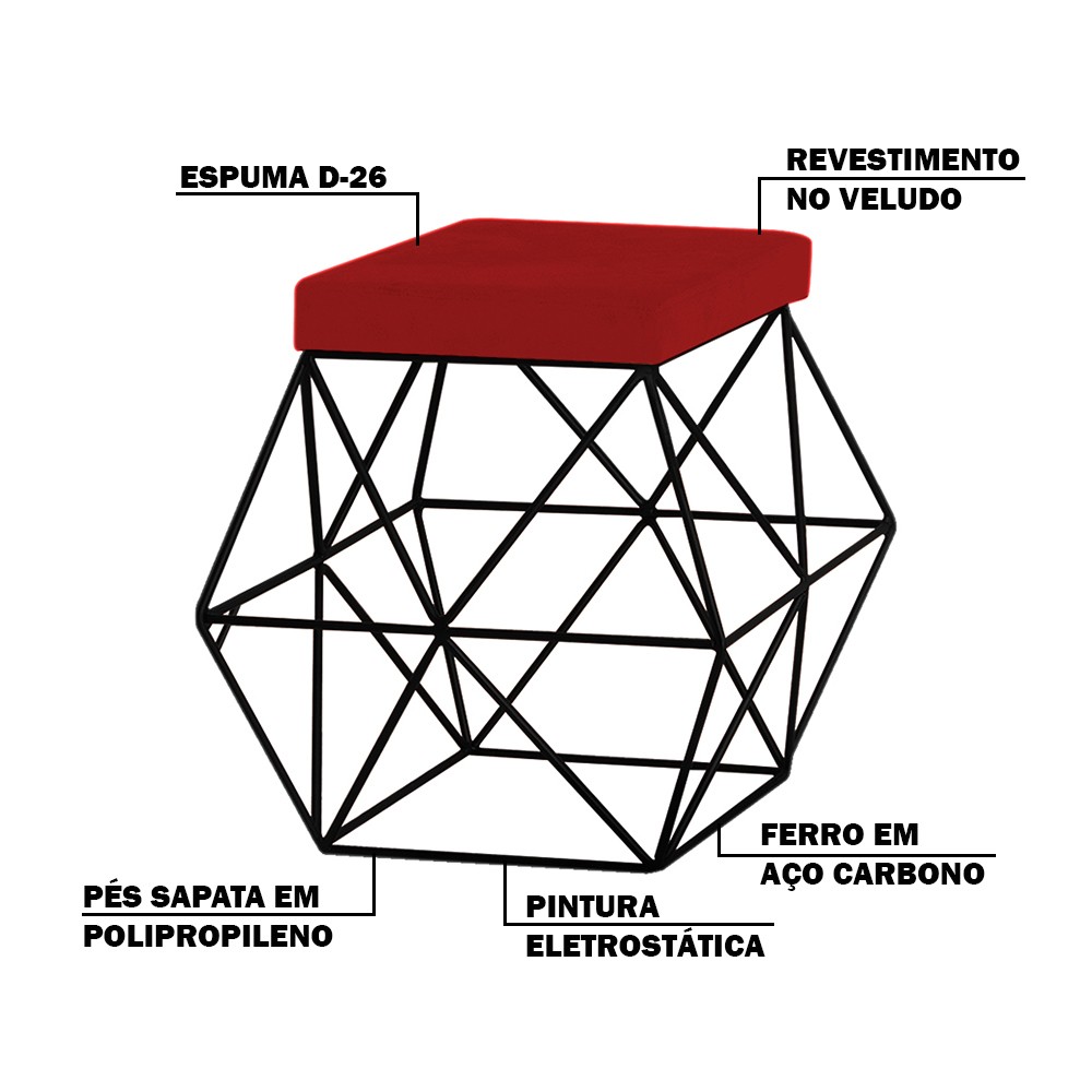 Puff Decorativo Sala de Estar Base Preto Trixie Veludo Vermelho G41 - Gran Belo