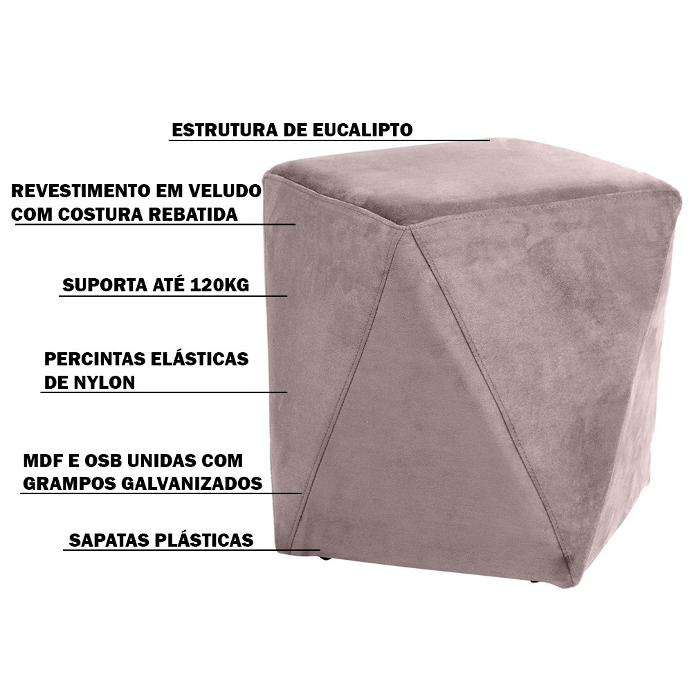 Puff Decorativo Sala de Estar Blois Veludo Rosê G15 - Gran Belo