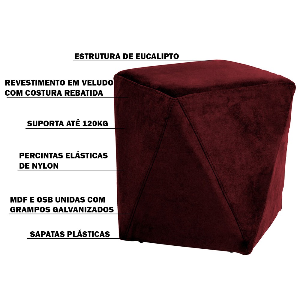 Puff Decorativo Sala de Estar Blois Veludo Vinho G15 - Gran Belo