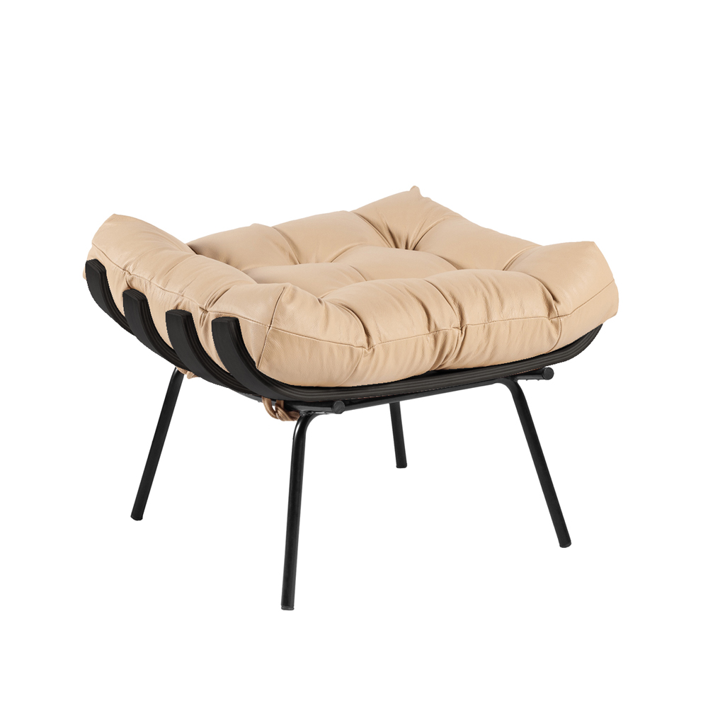 Puff Decorativo Sala de Estar Costela Base Preta Couro Bege G34 - Gran Belo