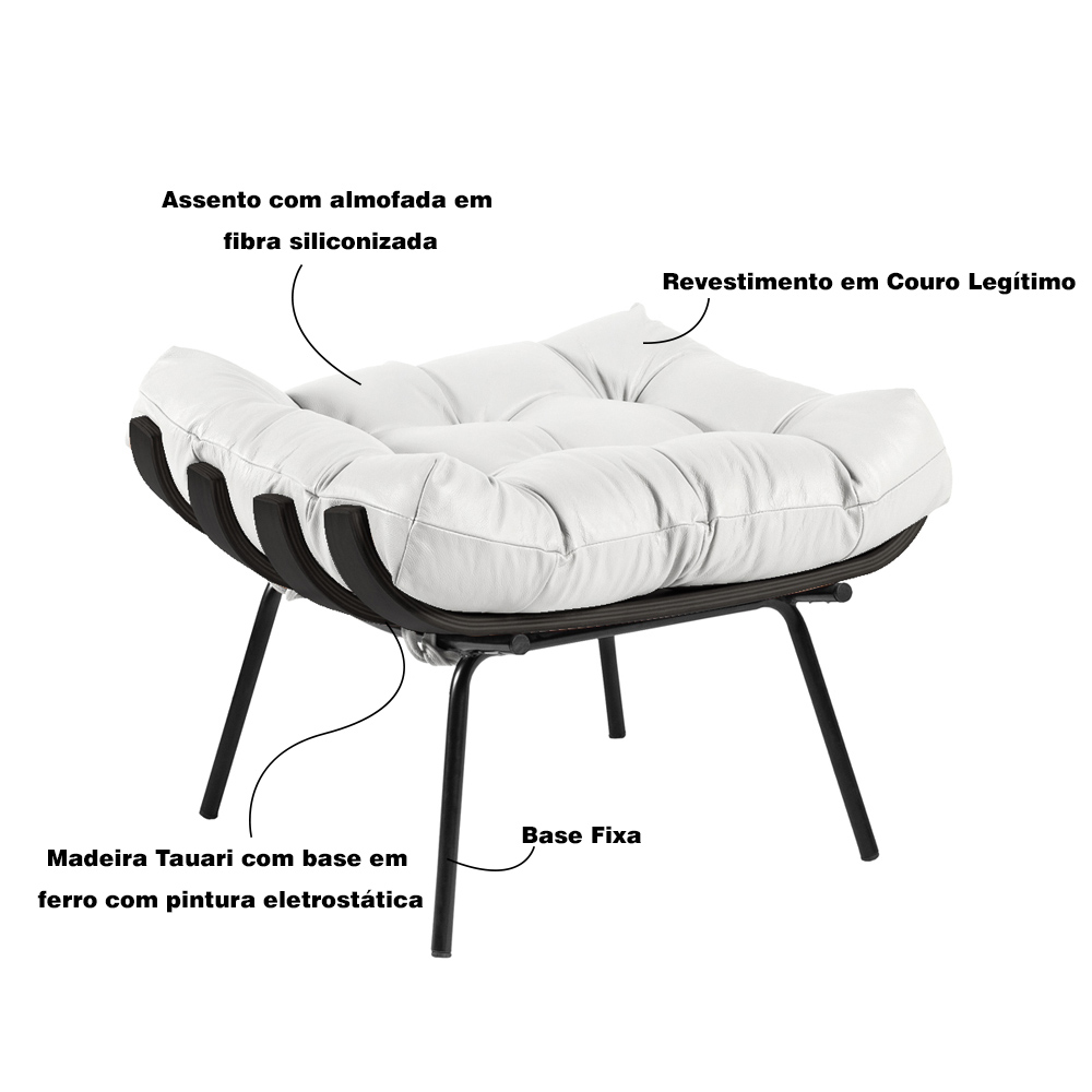 Puff Decorativo Sala de Estar Costela Base Preta Couro Branco G34 - Gran Belo
