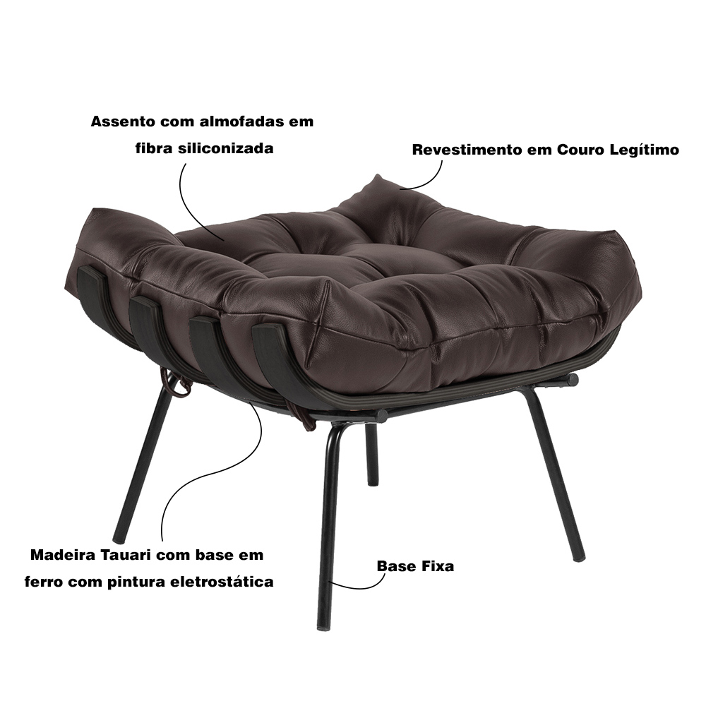 Puff Decorativo Sala de Estar Costela Base Preta Couro Marrom - Gran Belo