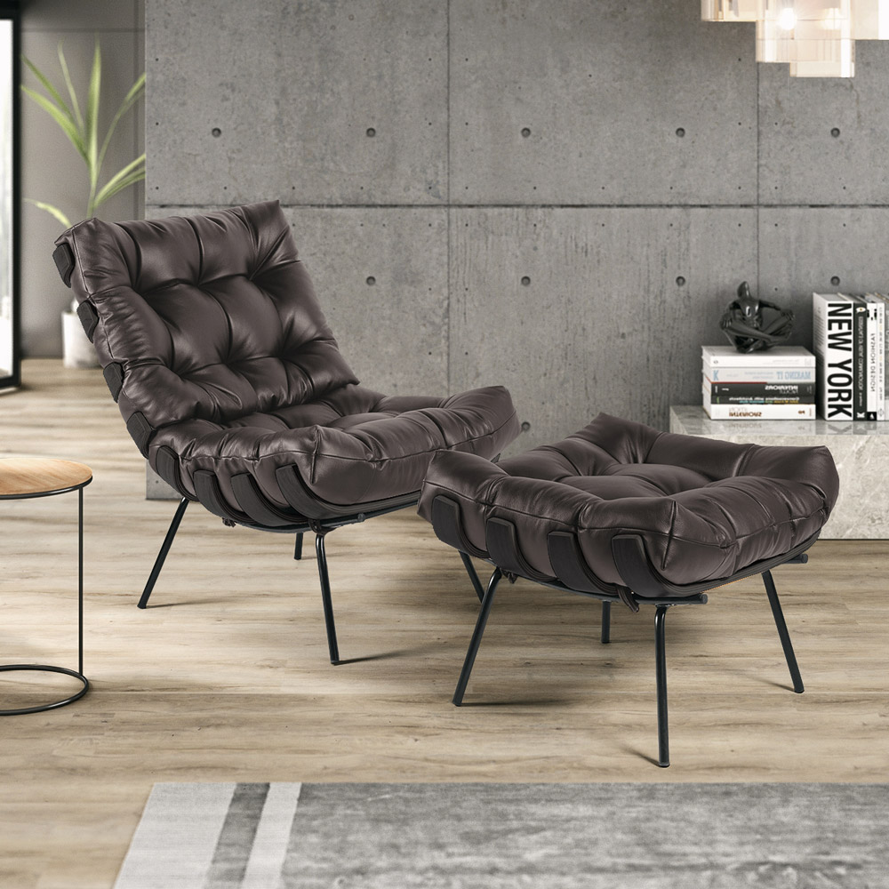 Puff Decorativo Sala de Estar Costela Base Preta Couro Marrom - Gran Belo