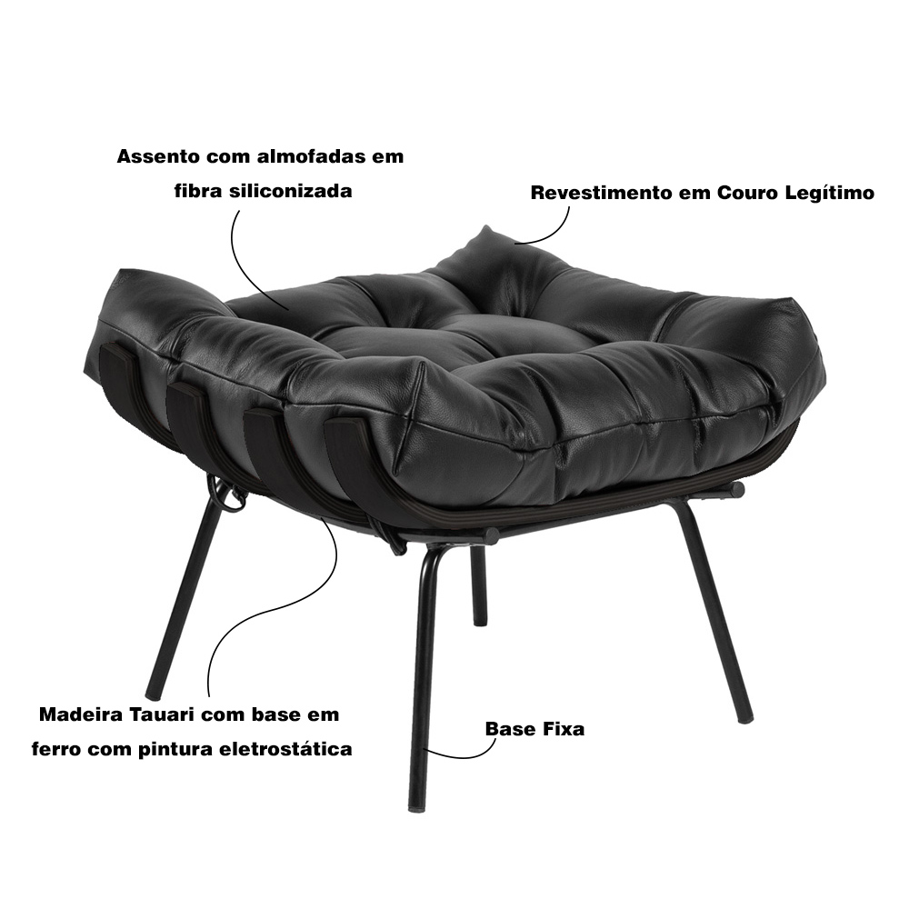 Puff Decorativo Sala de Estar Costela Base Preta Couro Preto - Gran Belo