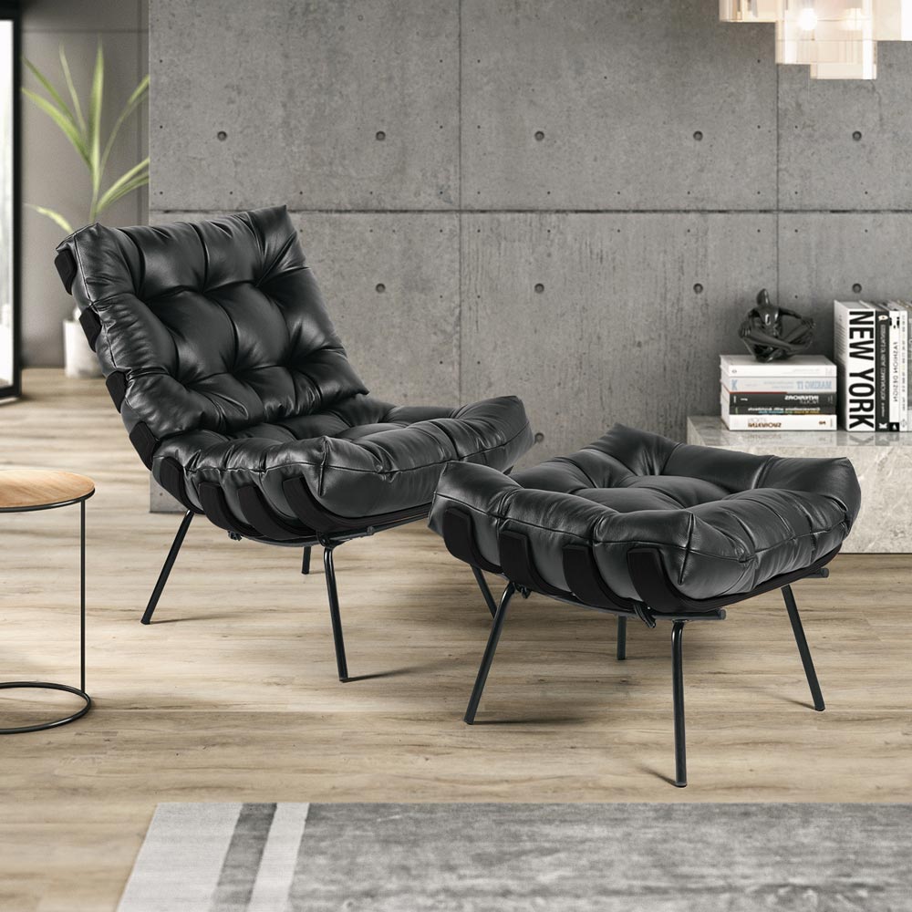 Puff Decorativo Sala de Estar Costela Base Preta Couro Preto - Gran Belo