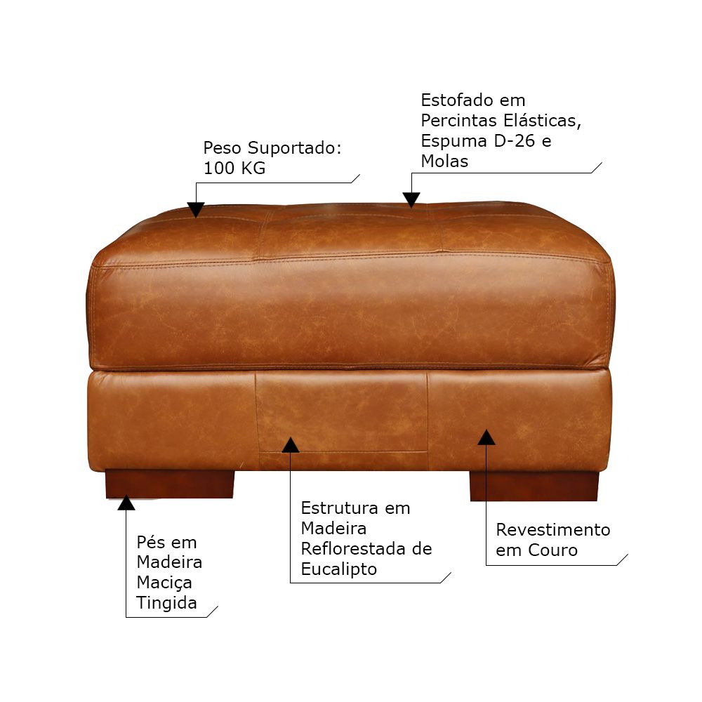 Puff Decorativo Sala de Estar Milano Pés Madeira Couro Mel G58 - Gran Belo