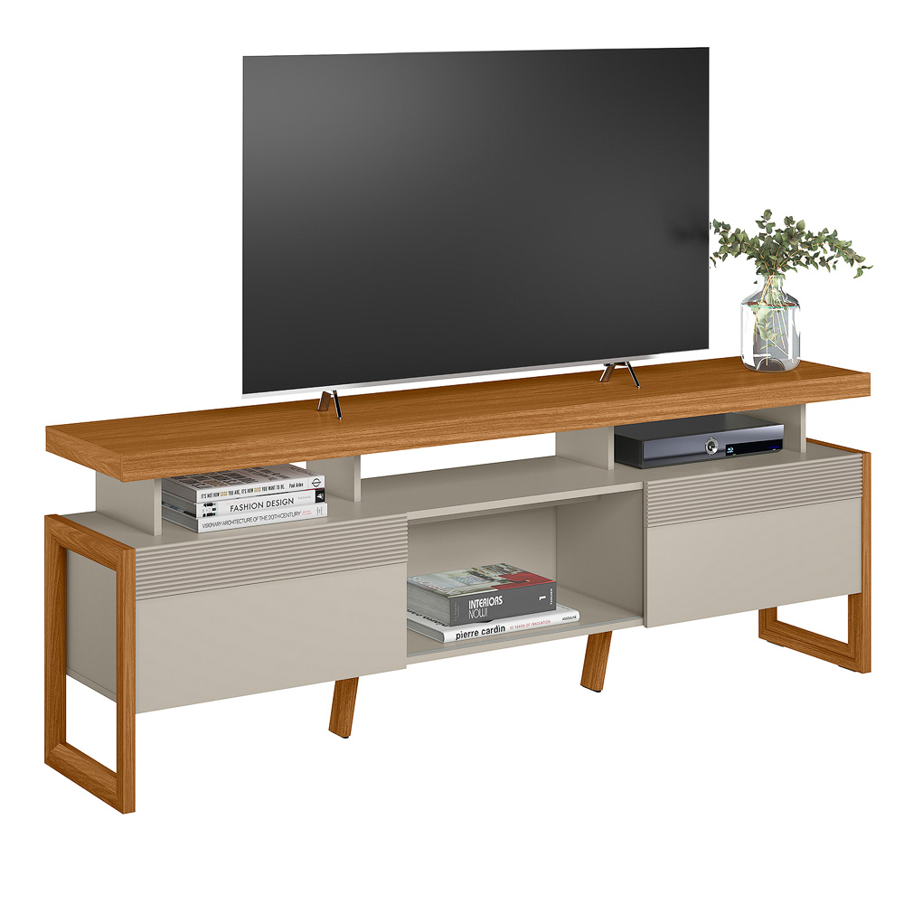 Rack Bancada Decorativo Elora MDP/MDF TV até 70 Polegadas Nichos Nature/Off White G77 - Gran Belo