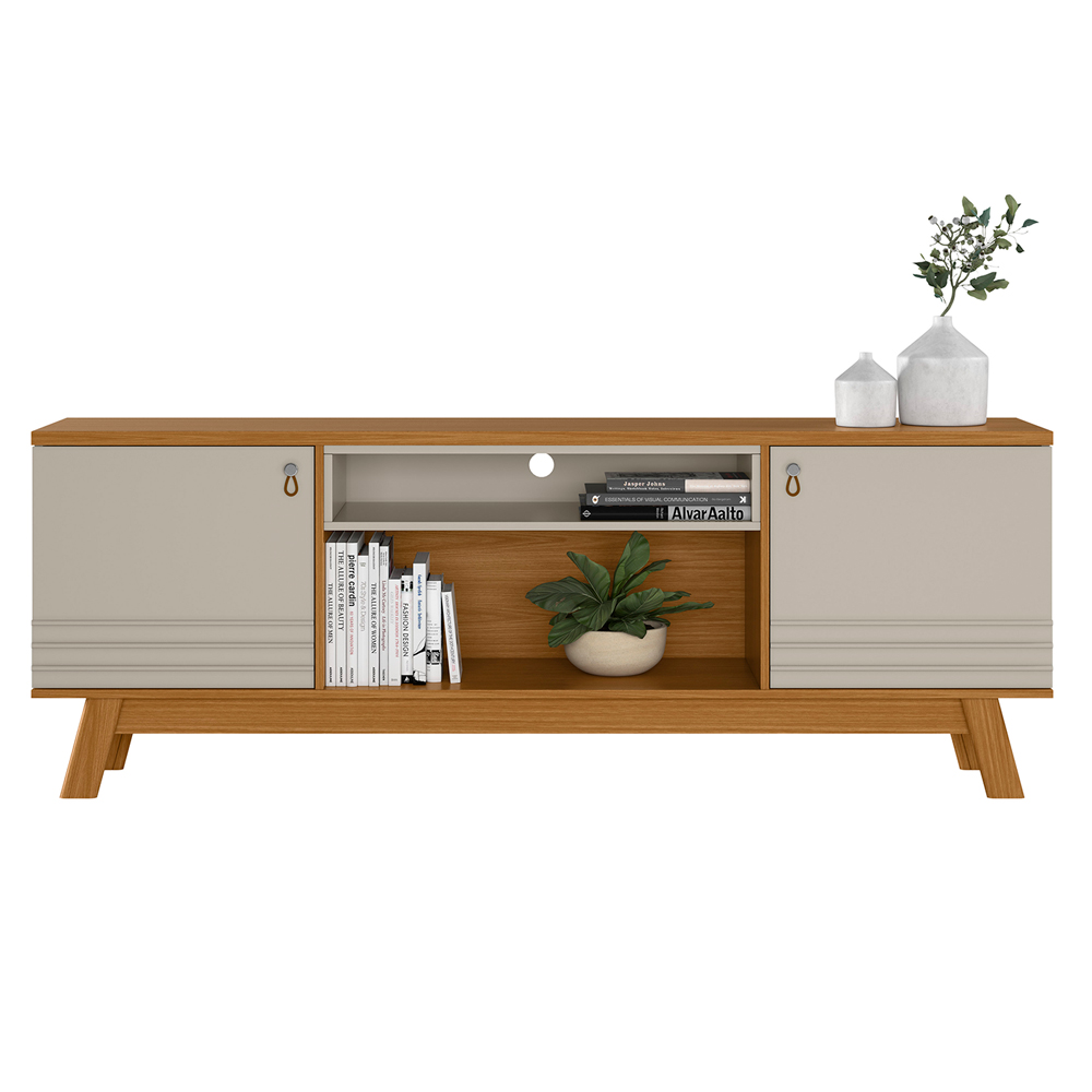 Rack Bancada Decorativo MDP/MDF TV até 75 Polegadas Portas Cronos Nature/Off White G77 - Gran Belo