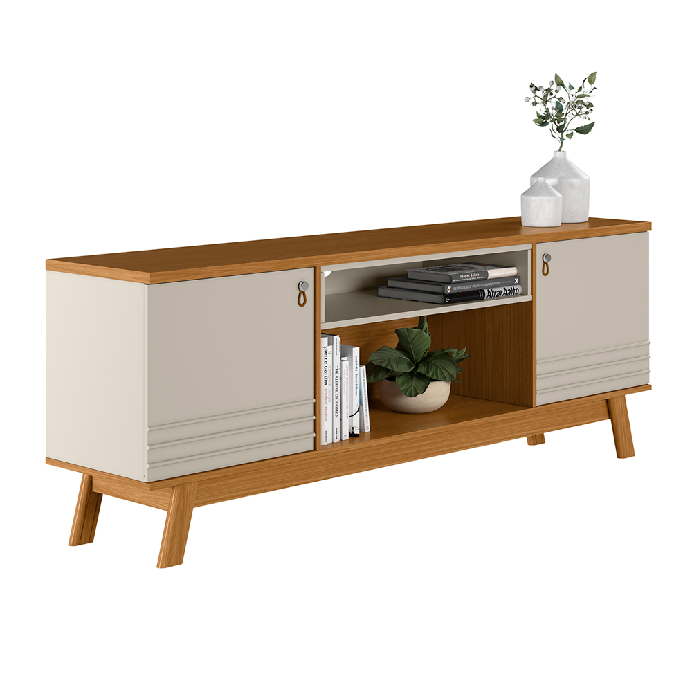 Rack Bancada Decorativo MDP/MDF TV até 75 Polegadas Portas Cronos Nature/Off White G77 - Gran Belo