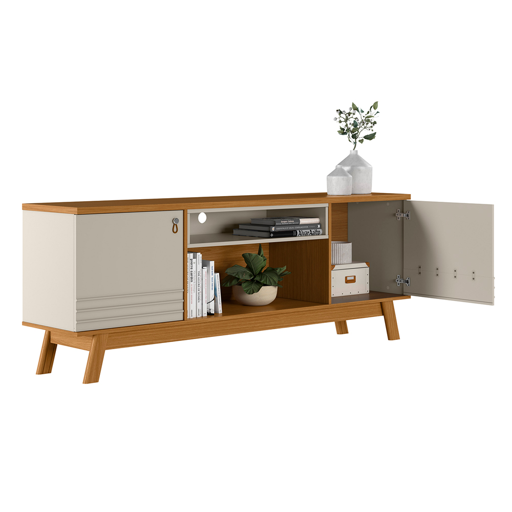 Rack Bancada Decorativo MDP/MDF TV até 75 Polegadas Portas Cronos Nature/Off White G77 - Gran Belo