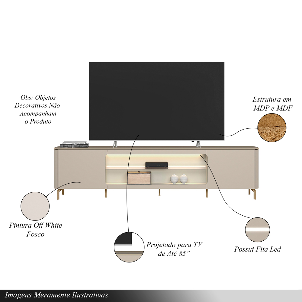 Rack Bancada Decorativo Switch MDP/MDF TV até 85 Polegadas LED Prateleiras Off White G77 - Gran Belo