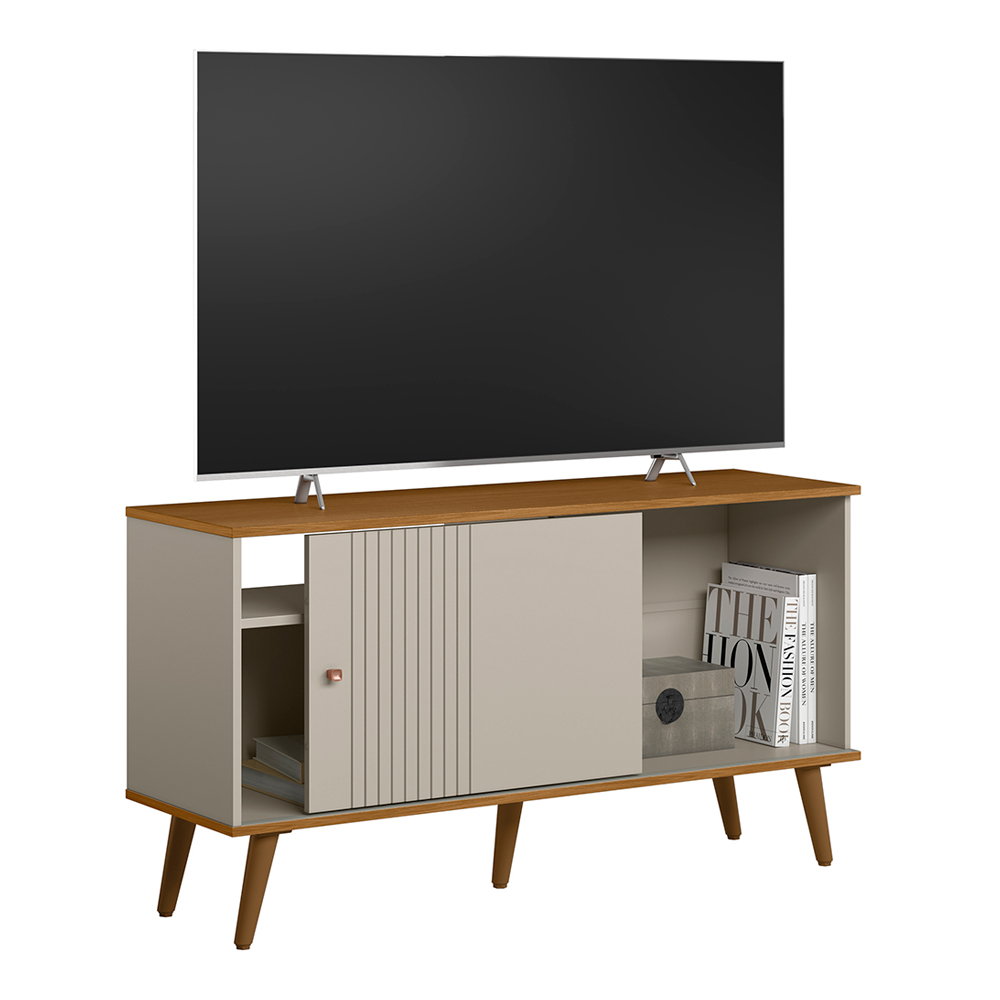 Rack Bancada Ruan MDP/MDF TV até 50 Polegadas Porta e Nichos Nature/Off White G77 - Gran Belo