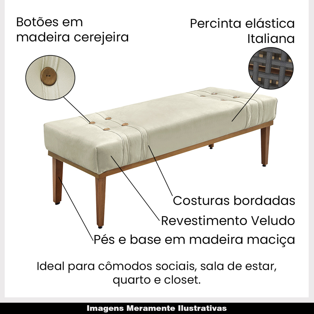 Recamier Decorativo 140cm Base Madeira Maciça Kors Veludo Bege G63 - Gran Belo