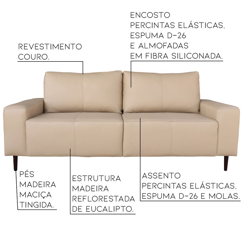 Sofá 02 Lugares Sala de Estar Recepção 200cm Brad Couro Bege G58 - Gran Belo