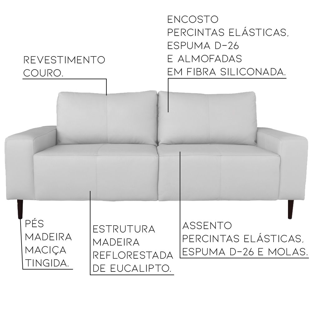 Sofá 02 Lugares Sala de Estar Recepção 200cm Brad Couro Branco G58 - Gran Belo