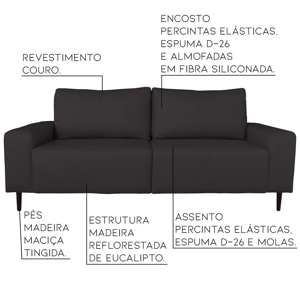 Sofá 02 Lugares Sala de Estar Recepção 200cm Brad Couro Marrom G58 - Gran Belo