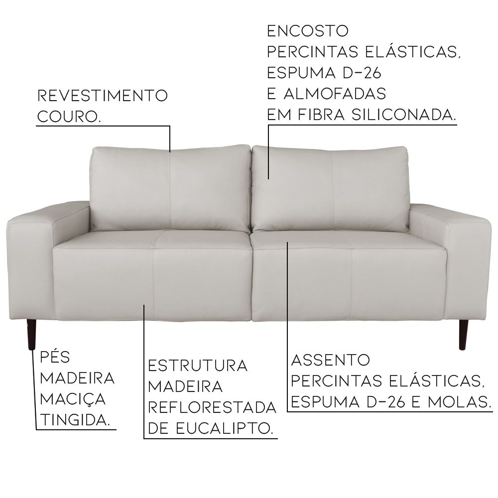 Sofá 02 Lugares Sala de Estar Recepção 200cm Brad Couro Off White G58 - Gran Belo