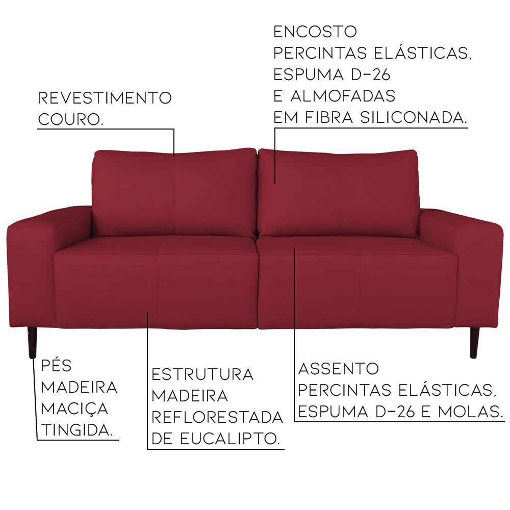 Sofá 02 Lugares Sala de Estar Recepção 200cm Brad Couro Vermelho G58 - Gran Belo
