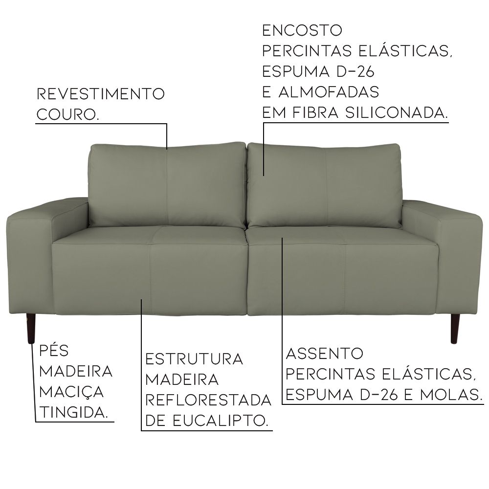 Sofá 03 Lugares Sala de Estar Recepção 220cm Bipartido Brad Couro Fendi G58 - Gran Belo