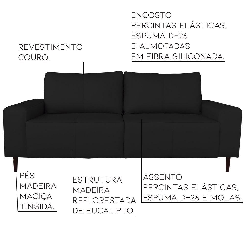 Sofá 03 Lugares Sala de Estar Recepção 220cm Bipartido Brad Couro Preto G58 - Gran Belo