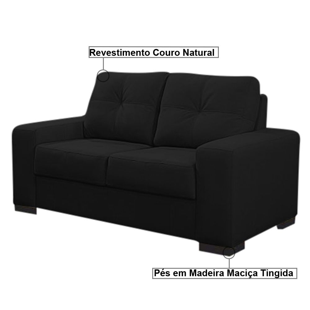Sofá 2 Lugares 150cm Turim Couro Preto Fosco - Gran Belo