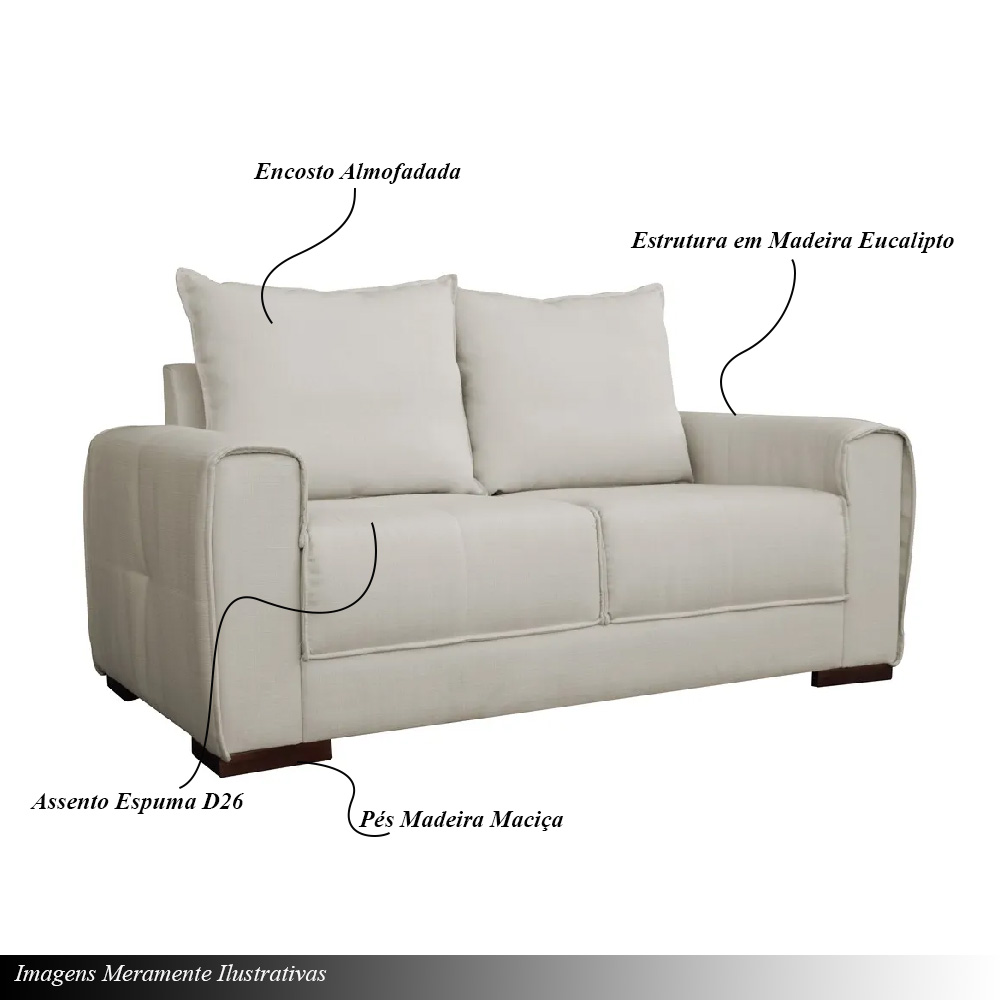 Sofá 2 Lugares 170cm Base Madeira York Linho Bege G28 - Gran Belo