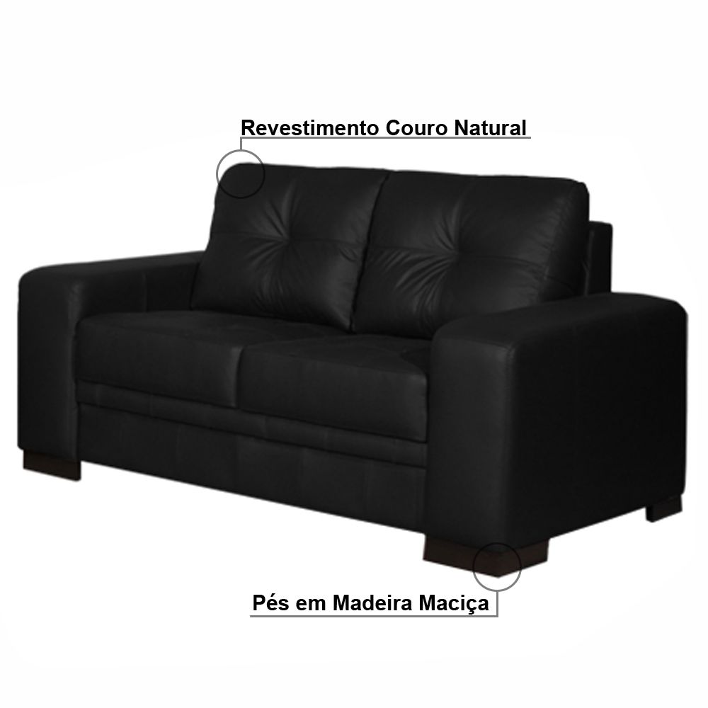 Sofá 2 Lugares 170cm Milano Couro Preto Fosco - Gran Belo