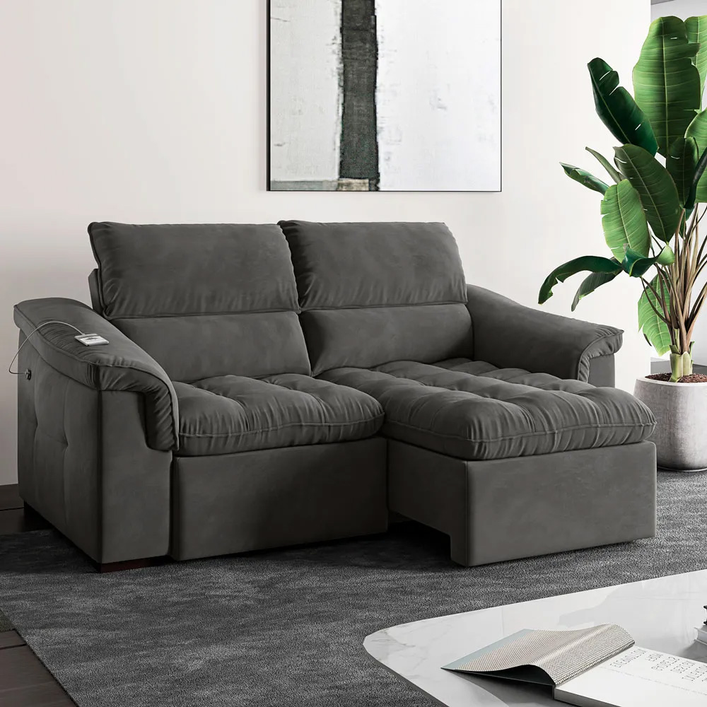 Sofá 2 Lugares 219cm Retrátil e Reclinável Com USB Next Veludo Grafite G46 - Gran Belo
