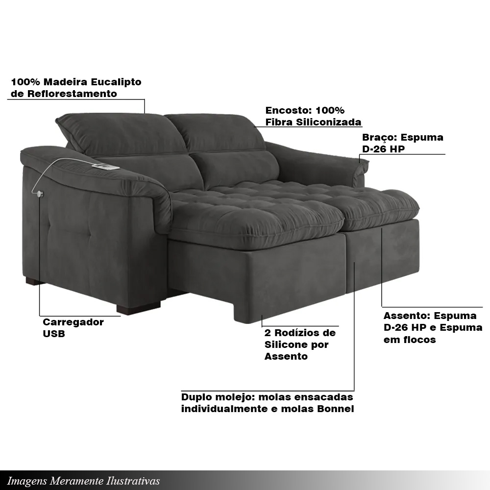 Sofá 2 Lugares 219cm Retrátil e Reclinável Com USB Next Veludo Grafite G46 - Gran Belo