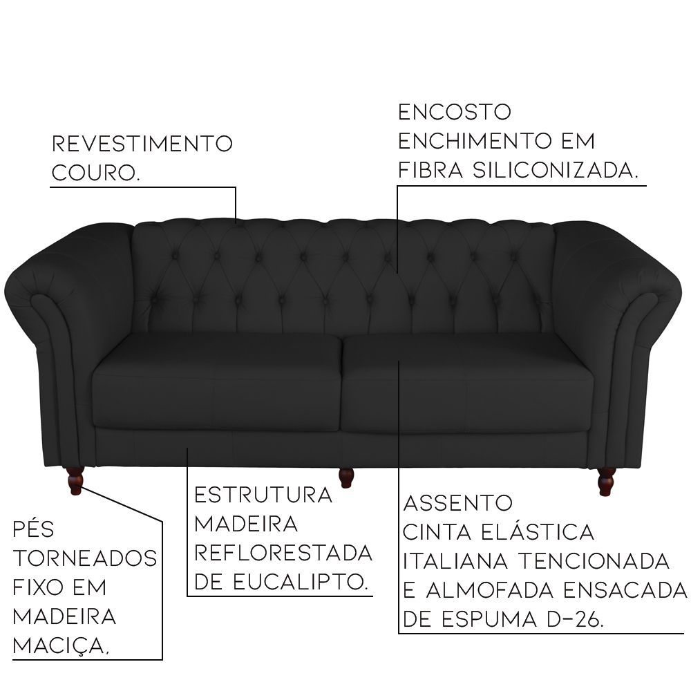 Sofá 2 Lugares Maggiore 180cm Couro Preto - Gran Belo