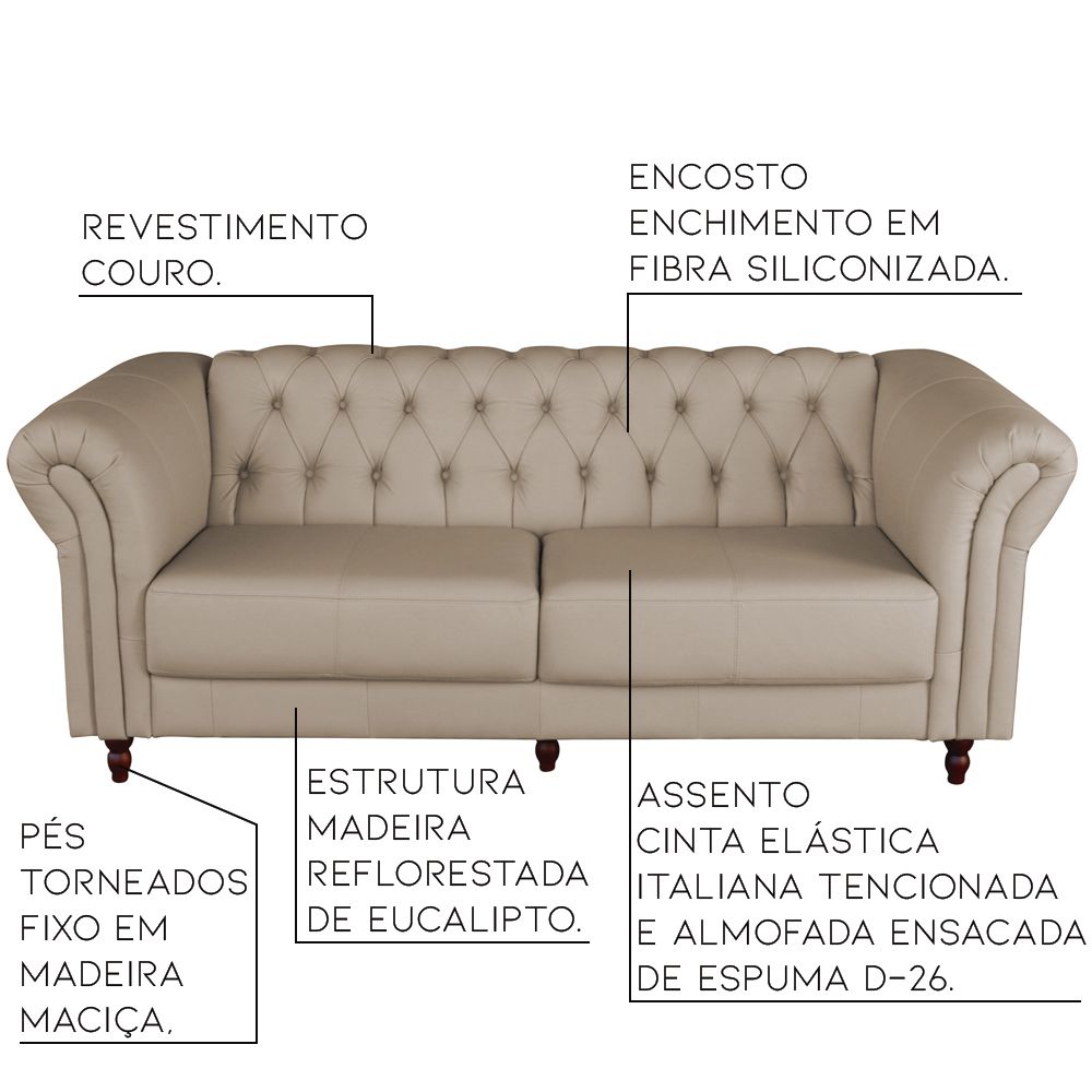 Sofá 2 Lugares Maggiore 200cm Couro Bege - Gran Belo