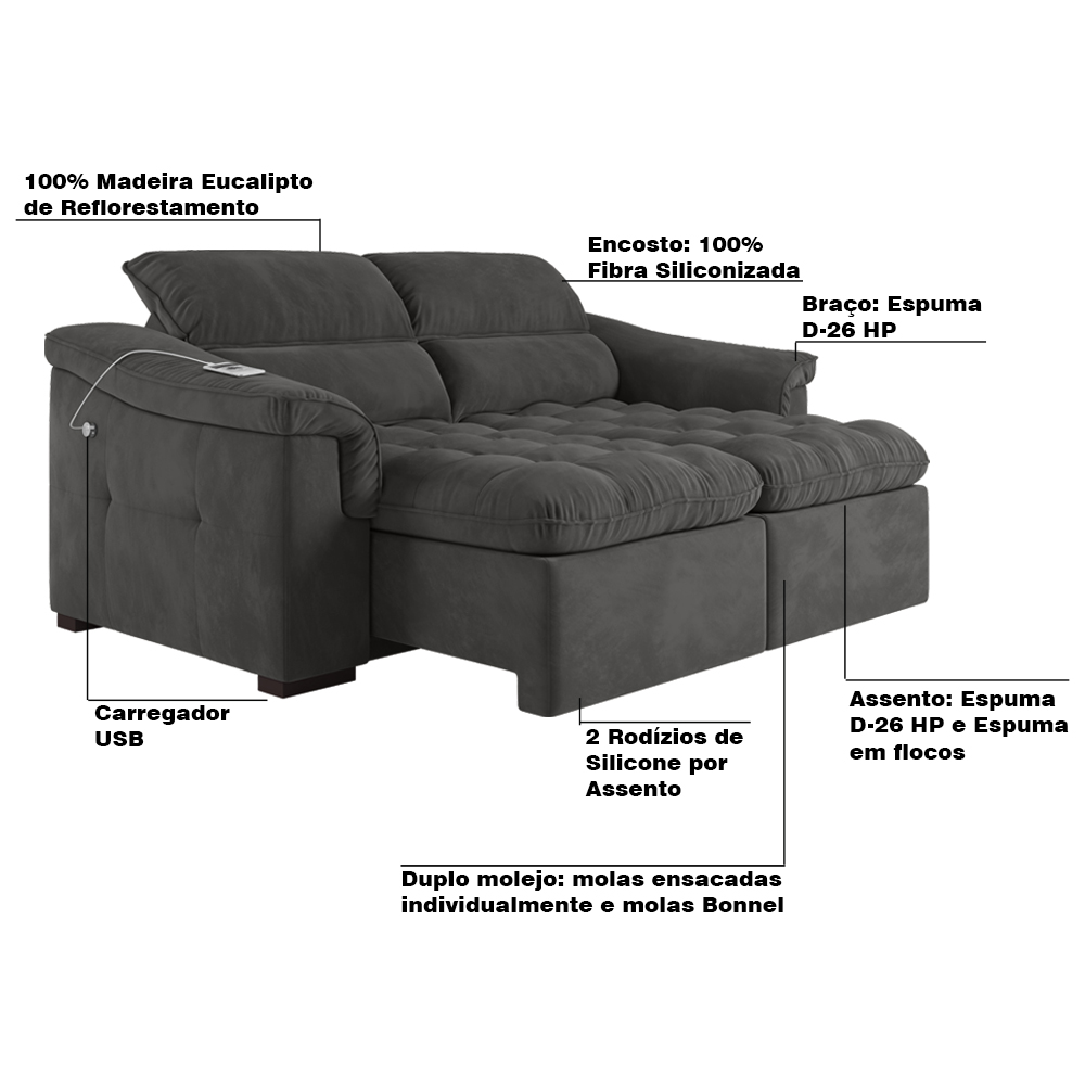 Sofá 2 Lugares Retrátil Com USB Para Sala de Estar Next 219cm Veludo Grafite G46 - Gran Belo