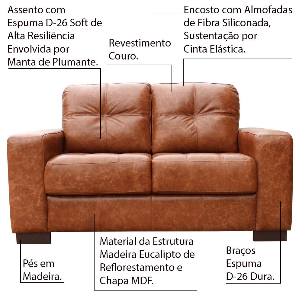 Sofá 2 Lugares Sala de Estar 150 cm Milão Couro Marrom Envelhecido G03 - Gran Belo
