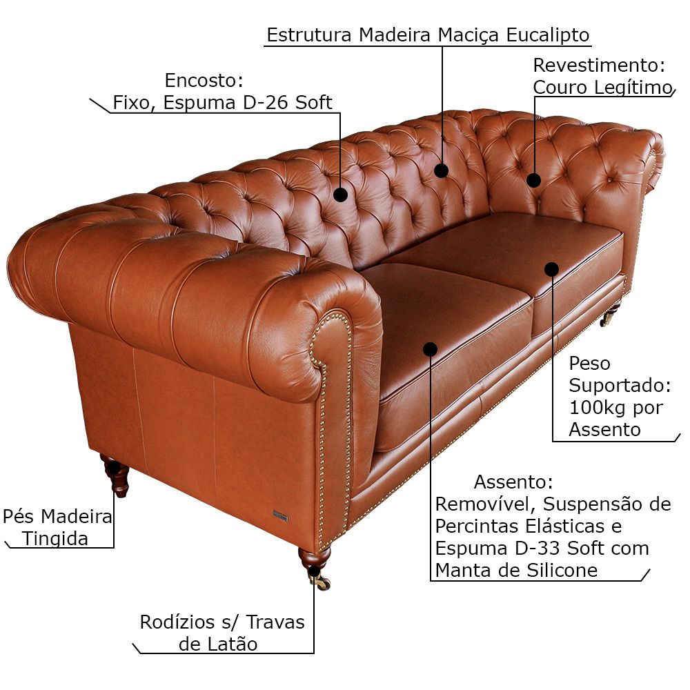 Sofá 2 Lugares Sala de Estar 180cm Chesterfield Duo Couro Conhaque Brilho - Gran Belo