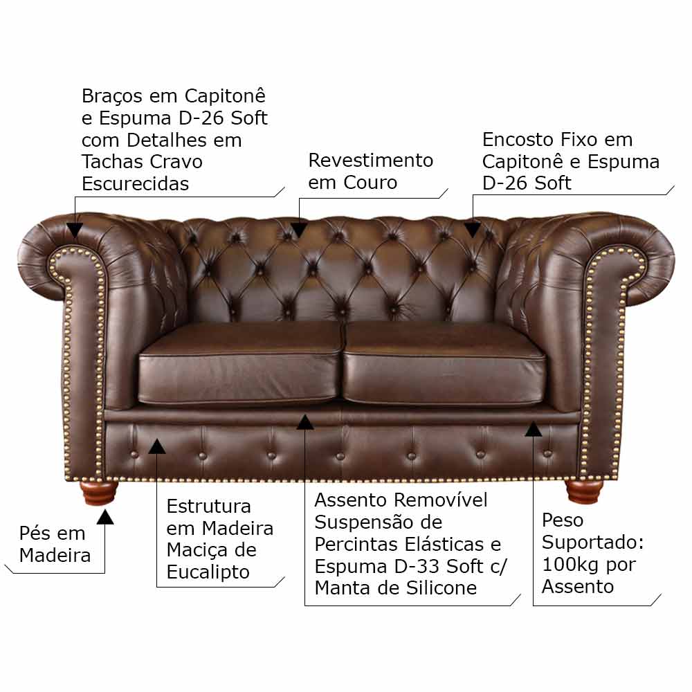 Sofá 2 Lugares Sala de Estar Chesterfield Pés Madeira Couro Tabaco Brilho - Gran Belo