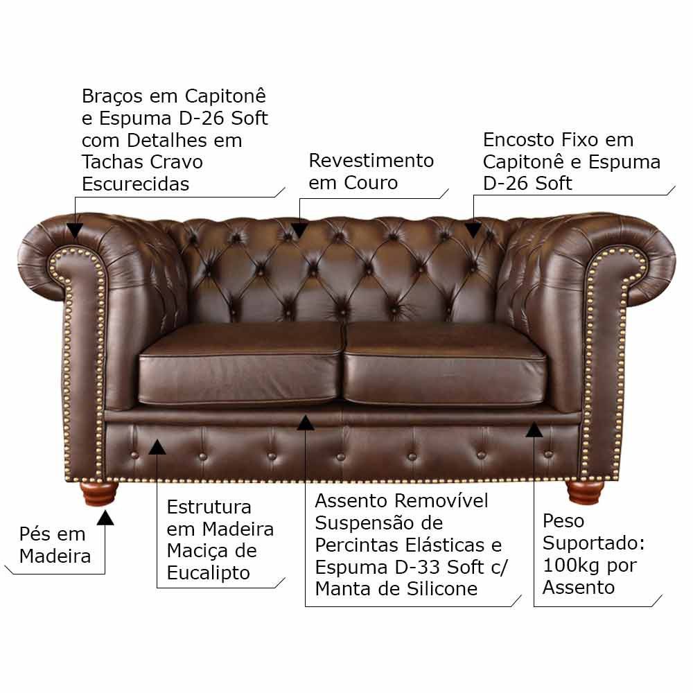 Sofá 2 Lugares Sala de Estar Chesterfield Pés Madeira Couro Tabaco Brilho G40 - Gran Belo