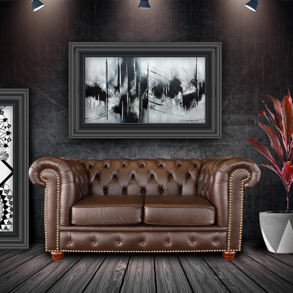 Sofá 2 Lugares Sala de Estar Chesterfield Pés Madeira Couro Tabaco Brilho G40 - Gran Belo