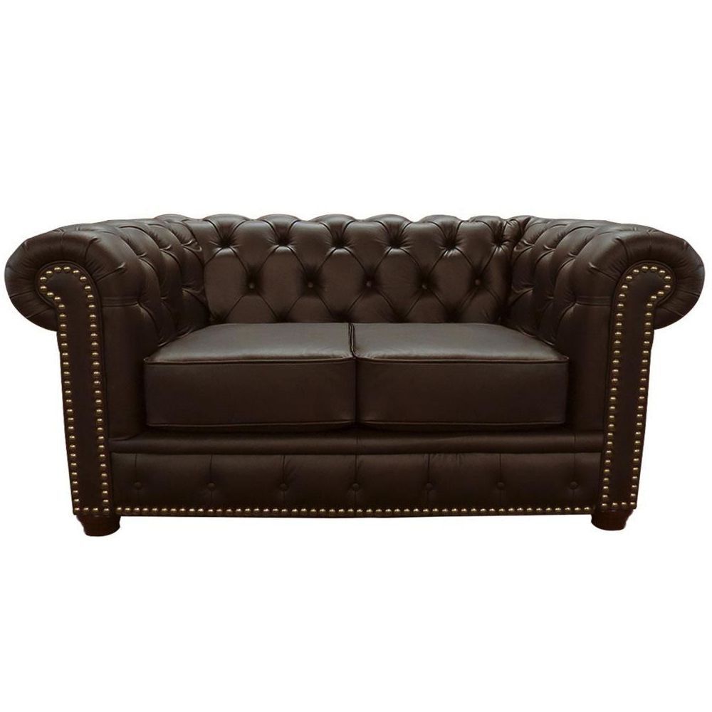 Sofá 2 Lugares Sala de Estar Chesterfield com Pés Madeira Couro Capucino G40 - Gran Belo