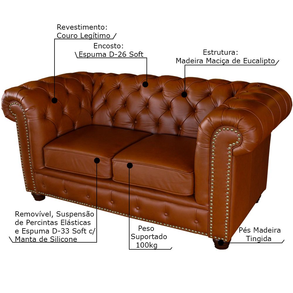 Sofá 2 Lugares Sala de Estar Chesterfield com Pés Madeira Couro Conhaque Brilho - Gran Belo