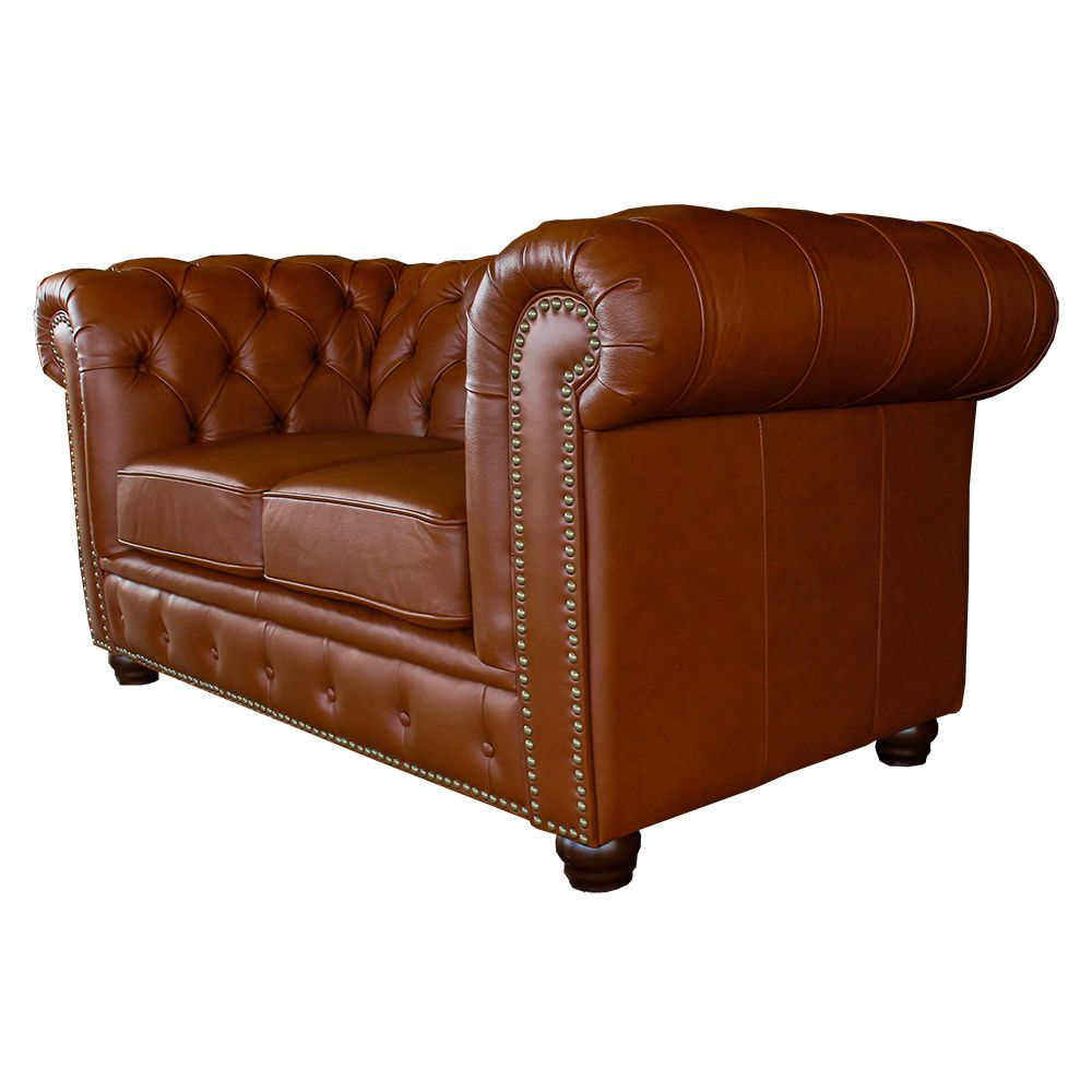 Sofá 2 Lugares Sala de Estar Chesterfield com Pés Madeira Couro Conhaque Brilho - Gran Belo