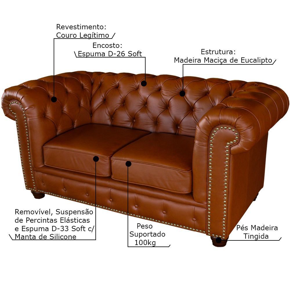 Sofá 2 Lugares Sala de Estar Chesterfield com Pés Madeira Couro Conhaque Brilho G40 - Gran Belo