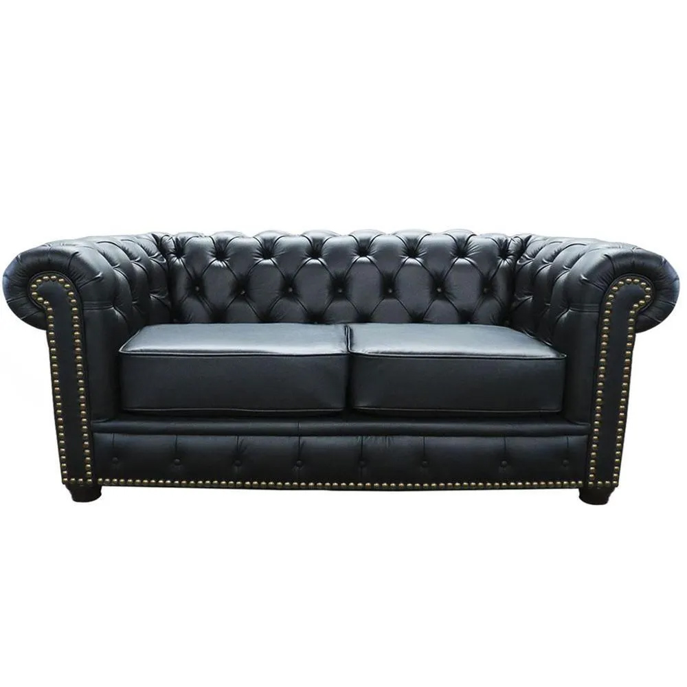 Sofá 2 Lugares Sala de Estar Chesterfield com Pés Madeira Couro Preto - Gran Belo