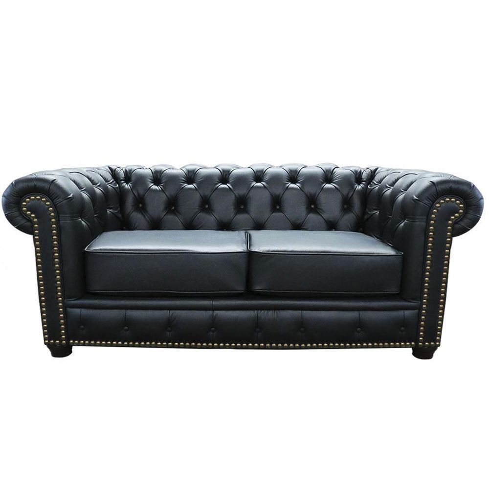 Sofá 2 Lugares Sala de Estar Chesterfield com Pés Madeira Couro Preto G40 - Gran Belo