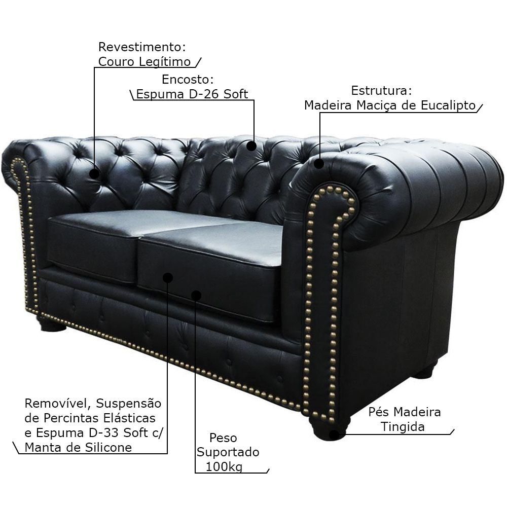 Sofá 2 Lugares Sala de Estar Chesterfield com Pés Madeira Couro Preto G40 - Gran Belo
