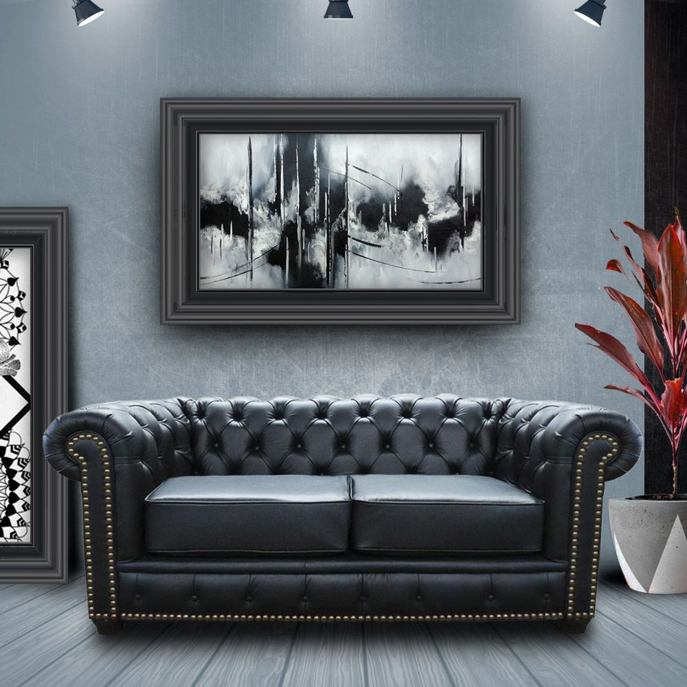 Sofá 2 Lugares Sala de Estar Chesterfield com Pés Madeira Couro Preto G40 - Gran Belo