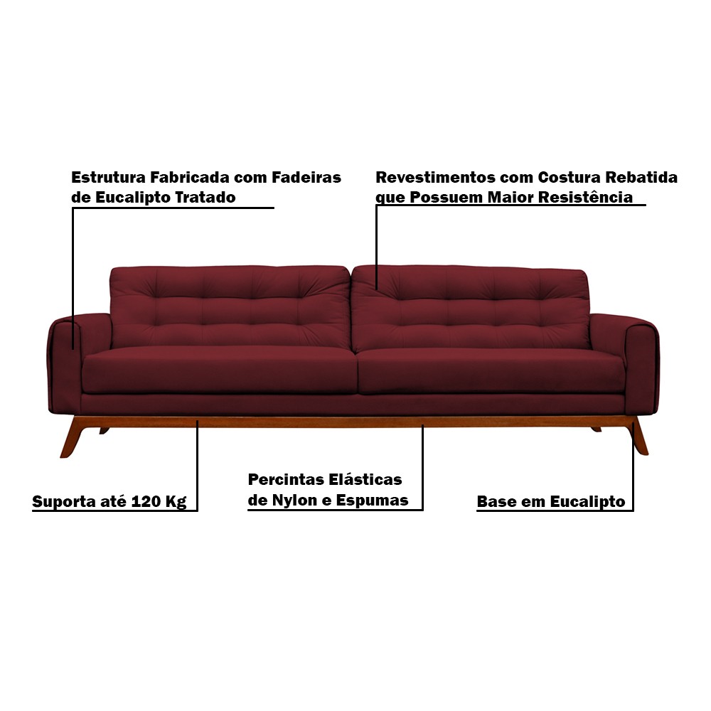 Sofá 2 Lugares Sala de Estar Eros 150 cm Veludo Vinho Base Fixa G15 - Gran Belo
